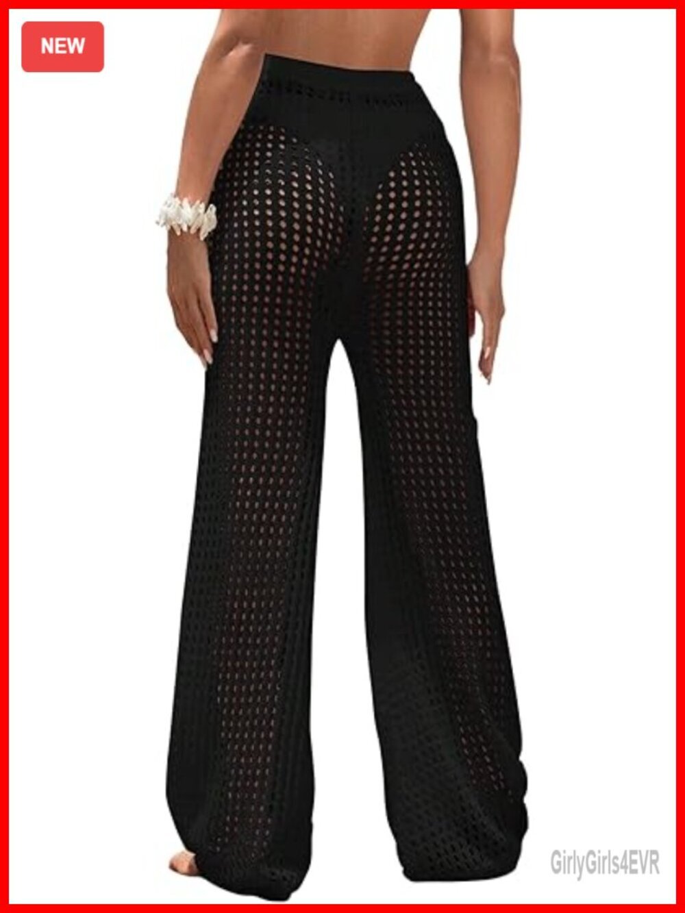 Hollow Crochet Out Beach Cover Up Pants Drawstring Elastic High Waist